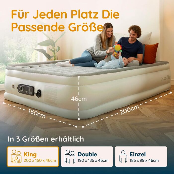 Надувний матрац Huddle Never Deflate Luxury King, переможець премії Good Housekeeping 2025 Air Mattress Award, технологія SlumberGuard з подвійним насосом, регульована жорсткість, вбудований насос та нічник з USB-портом