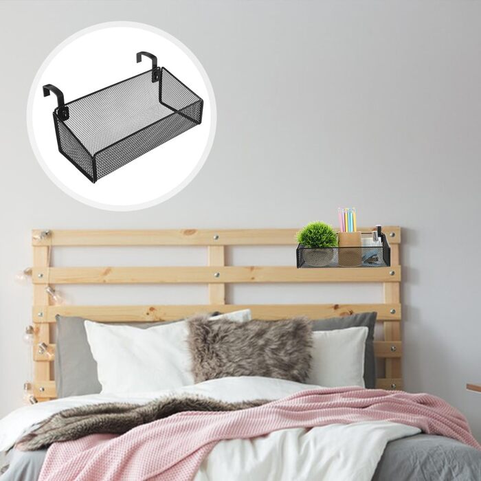 Підвісний кошик для зберігання речей для органайзера біля ліжка з гачками, металевий, чорний, універсальний підвісний кошик для гуртожитку, спальні та офісу, 12x12x9 см, чорний, 27.00x12.00x9.00 см