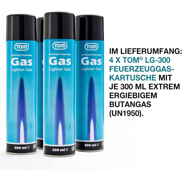 ТОМ 4 x газ для запальничок 300 мл - заправний картридж для запальничок - полум'яний пивний пальник, штормова запальничка, запальничка для паличок і т.д. - з 6 x адаптером для запальнички - Lighter Gas - заправний газ