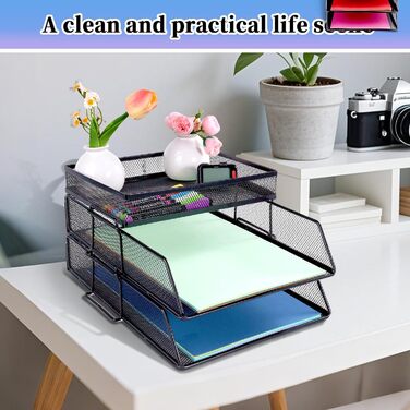 Рівневий сітчастий органайзер, штабелюваний настільний органайзер з верхнім тримачем для канцелярського приладдя, лотки для паперових документів та листів для офісу, школи та дому, чорний 2-рівневий, 2-