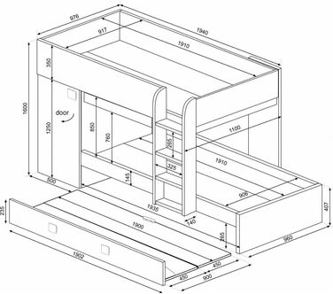 Двох'ярусне ліжко для двох дітей з висувним ліжком і шафою Колір білий потертий і блакитний