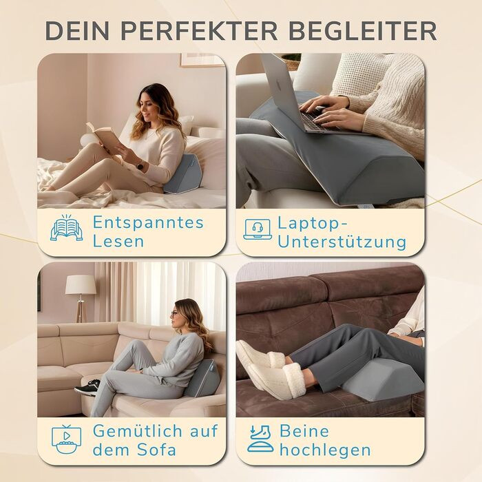 Подушка для спини для ліжка та дивана (сіра) Клиноподібна подушка та подушка для читання для дорослих - Підтримуюча подушка для колін, ніг, спини, пролежнів - Подушка для сидіння ліжка для нахилу та підйому - Ортопедична подушка для спини