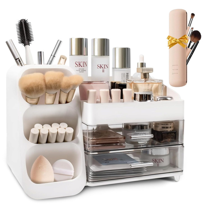 Органайзер для макіяжу преміум-класу з шухлядами містке та безпилове місце для зберігання косметики у вашому туалетному столику великий органайзер для макіяжу коробка для косметичного столика (білий) тримач для пензлів для макіяжу