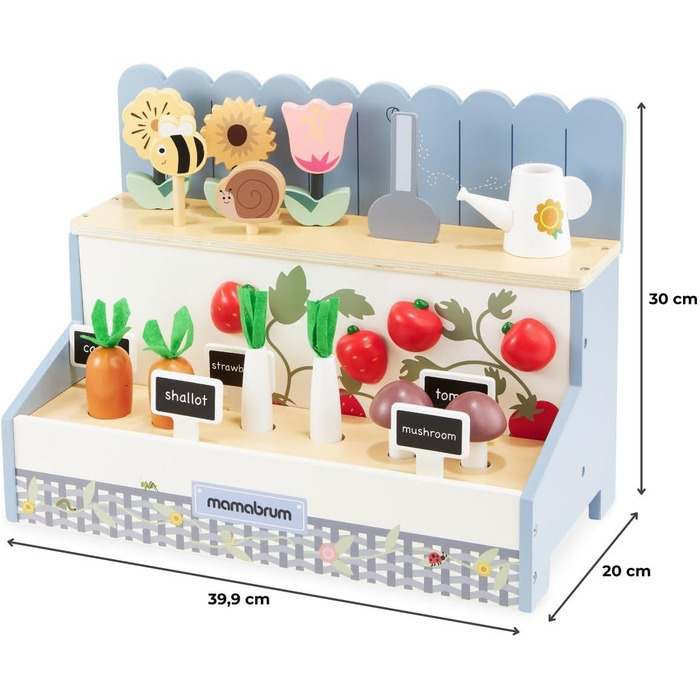 Дерев'яний город Mamabrum для дітей, рольова іграшка - маленький садівник, набір садівника квіти, равлик, бджілка, лопата, лійка, овочі, гриби, планшети