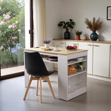 Багатофункціональний обідній стіл EGGREE з полицями для зберігання та розеткою - Кухонний стіл 110x60x78 см у дубовому декорі - Полиці з регульованою висотою, поверхня для зберігання, для невеликих приміщень у дубовому та білому кольорах