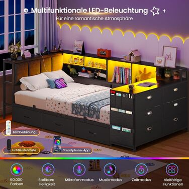 М&39яке ліжко, диван-ліжко, дитяче ліжко 90x200 см з комодом з 6 шухлядами та вбудованим письмовим столом, кушетка зі світлодіодним освітленням та зарядною станцією, ліжко 90x200 см з м&39яким узголів&39ям, чорного кольору.