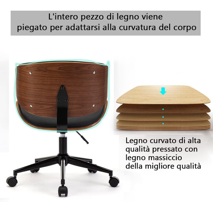 Дерев&39яне офісне крісло Mingone, комп&39ютерне крісло, ергономічне робоче крісло на 360, обертове крісло, дизайн крісла з крилами та колесами, регульована висота, шкіра, чорний колір, до 150 кг, чорні ніжки, стиль 1