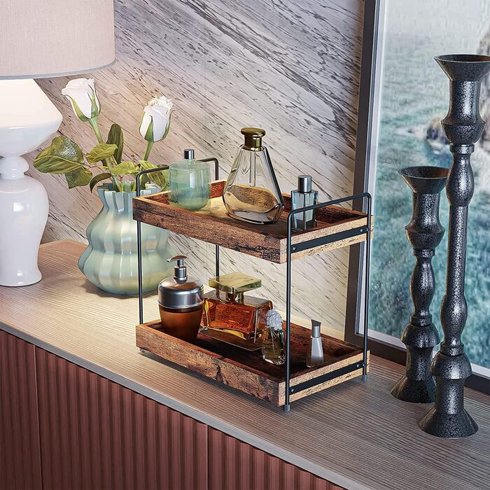 Дерев&39яна окремостояча полиця, кухонна полиця на стільницю з 2 рівнями, полиця для спецій з металевою опорою, полиця для зберігання у ванній кімнаті, тримач для спецій, підставка для спецій, органайзер, туалетний столик