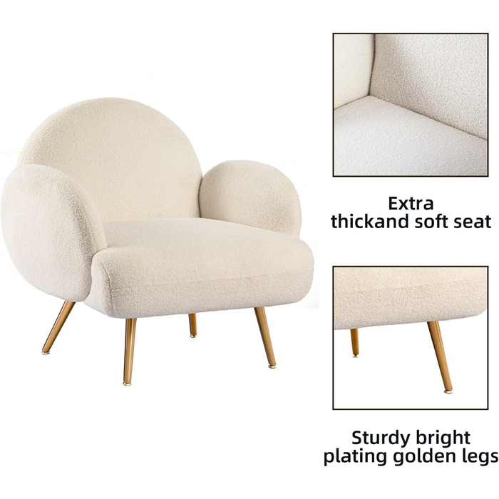 Сучасне крісло для відпочинку, одномісний диван, диван для відпочинку, затишна плюшева тканина, золотисті металеві ніжки, підходить для вітальні, спальні, білий, біло-золоті підлокітники