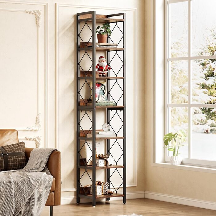 Ярусна книжкова полиця LITTLE TREE, полиця на одному місці, окремостояча полиця, вітальня, спальня, кабінет, 35 x 35 x 200 см, промисловий дизайн, вінтажний коричнево-чорний, 7-