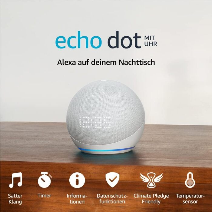 Сертифікований оновлений Echo Dot (5 покоління, 2022) із годинником Розумна колонка з годинником і Alexa Білий