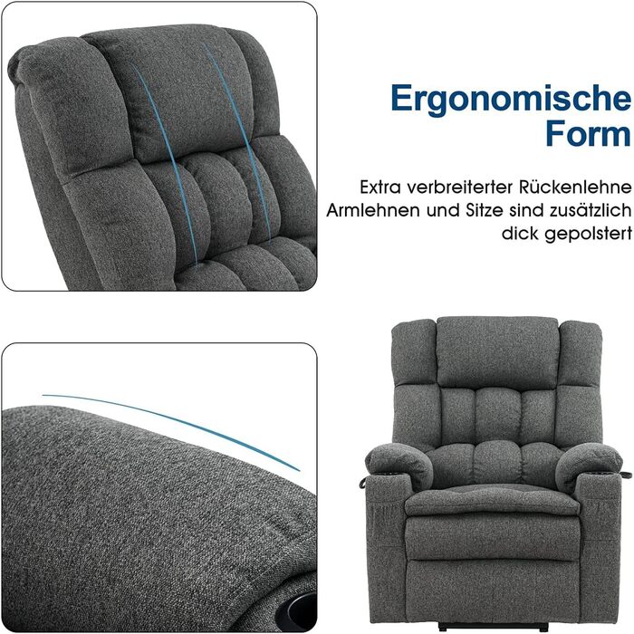 Крісло-реклайнер для телевізора M MCombo з електричним підйомником, 3 двигуни, окремо регульована спинка та підставка для ніг, крісло-реклайнер з функцією горизонтального положення до 165, регульований підголівник, 7546 (тканина, сірий)