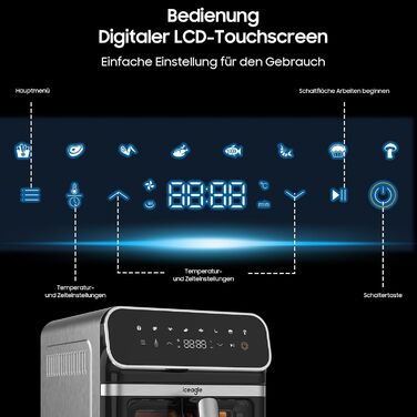 Фритюрниця Iceagle 6.7 л Airfryer XXL - фритюрниця 2200 Вт з подвійним нагріванням, фритюрниця з 8 програмами, оглядове вікно, світлодіодний сенсорний екран, книга рецептів, чорна 6.7 л