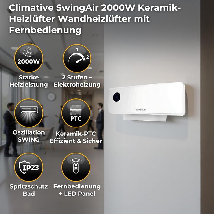 Настінний вентилятор-обігрівач SwingAir 2000 Вт, керамічний настінний обігрівач, електричний обігрівач для ванної кімнати з коливаннями, світлодіодний дисплей, білий
