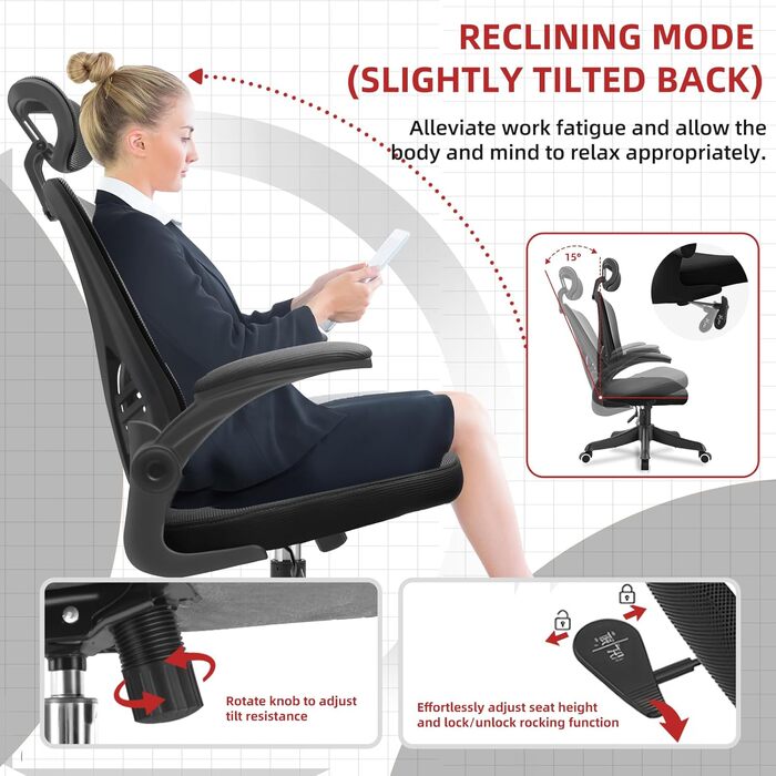 Ергономічне офісне крісло з регульованим підголівником та підлокітниками, поперековою опорою, дихаючою спинкою, регулюванням висоти та колесами, ігрове крісло для столу, спальні або чорного кольору