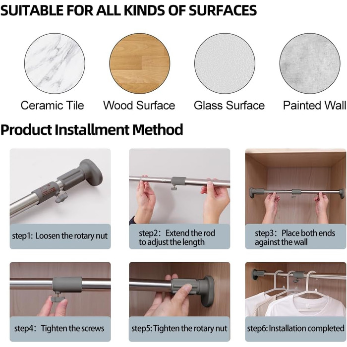 Штанга для одягу Hershii для шафи, натяжна штанга для віконної/душової шторки, свердління не потрібне, телескопічна штанга з нержавіючої сталі, висувна штанга для гардеробу, діаметр трубки 25,4/22,2 мм, 40-60 см, колір слонової кістки, сірий 40-60 см
