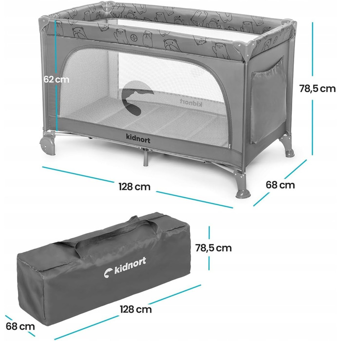 Складане та компактне дитяче ліжечко Grotta - дорожнє ліжко та манеж від народження до 15 кг, з колесами, матрацом та сумкою для перенесення, бічний вхід на блискавці, повітропроникні сітчасті боки