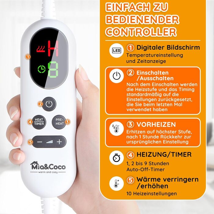 Електрична ковдра Mia&Coco з автоматичним вимкненням, 160x130 см, 10 налаштувань нагріву, 9-годинний таймер автоматичного вимкнення, захист від перегріву, можна прати в пральній машині, фланелева електрична ковдра для ліжка, дивана та вітальні, сіра, 130x