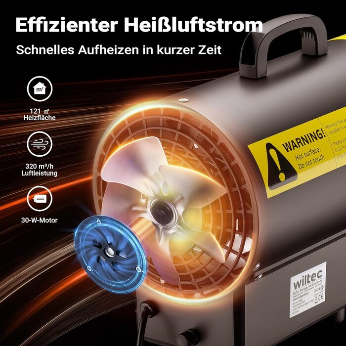 Газовий обігрівач Wiltec потужністю 15 кВт, газовий обігрівач з двигуном потужністю 30 Вт, сталевий генератор гарячого повітря, будівельний обігрівач на зрідженому газі, газовий обігрівач з п&39єзорозпалом