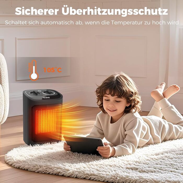 Електричний радіатор YASHE потужністю 1500 Вт, керамічний вентилятор-обігрівач PTC з термостатом, 2 режими нагріву режим вентилятора, захист від перекидання та перегріву, компактний електричний обігрівач для дому та офісу