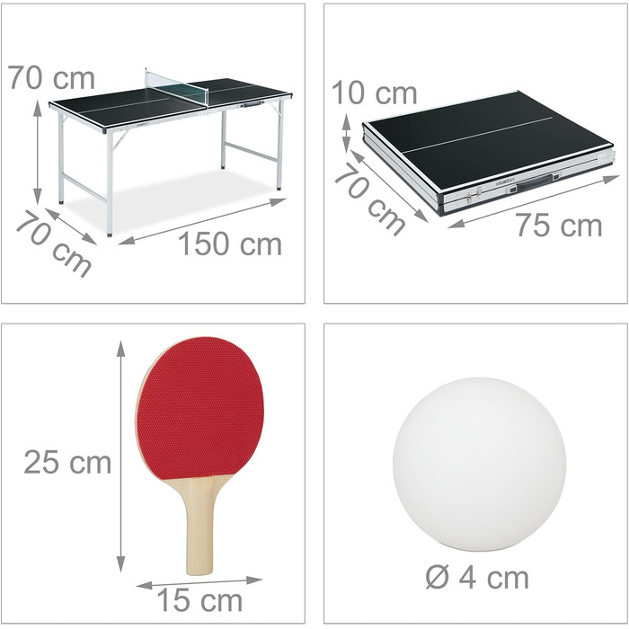 Тенісний стіл Relaxdays, складний тенісний стіл із сіткою, 2 ракетки, 3 м&39ячі, ВxШxГ 70 x 70 x 150 см, чорний
