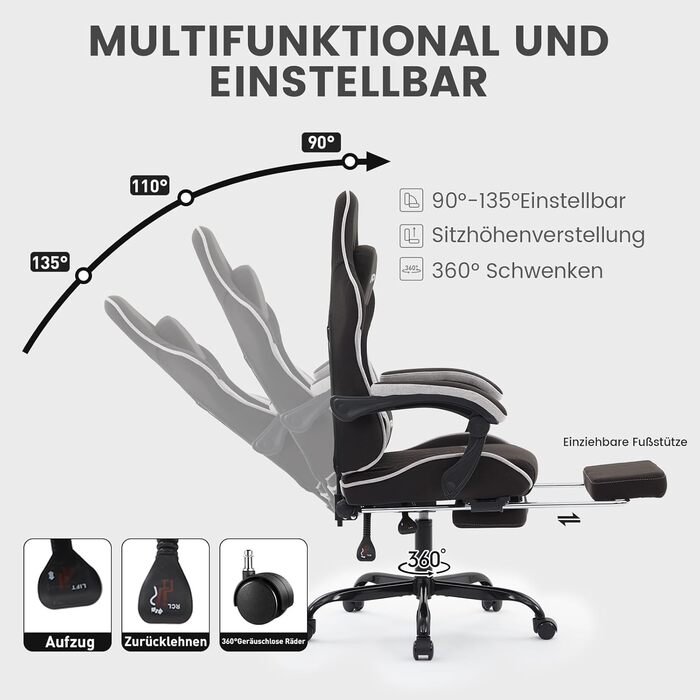 Ігрове крісло, гоночне ігрове крісло з підставкою для ніг, ергономічне ігрове крісло з підголівником, регульоване комп&39ютерне крісло, регульована висота, поперекова підтримка для домашнього офісу та ігор, чорний/сірий Nk-bg