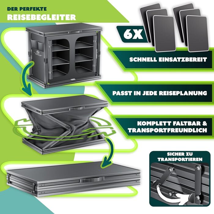 Складана кемпінгова кухня KESSER Кемпінгова шафа для вулиці 84x80 см Кухонна шафа з алюмінієвим каркасом, 6 полиць, включаючи набір чашок з 4 предметів, бічні кишені та москітну сітку Кемпінгова кухня виготовлена з тканини, стійкої до ультрафіолету, 6 пол