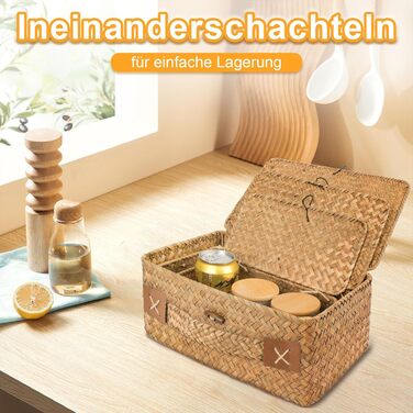 Кошик для зберігання з ротанга з кришкою, 3 шт. плетених кошиків з натуральної морської трави, багатофункціональна коробка для зберігання іграшок, косметики, туалетного паперу для ванної кімнати, велика - 3 шт. - кавового кольору