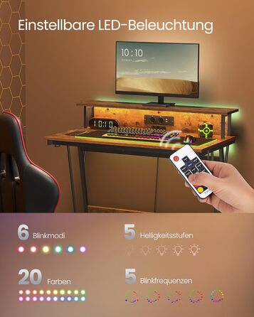 Ігровий стіл із вбудованим подовжувачем, Комп&39ютерний стіл, з підставкою для 2 моніторів, Спальня, 60 x 100 x 76 см, Вінтажний коричневий LWD191K01 100 x 60 см Вінтажний коричневий