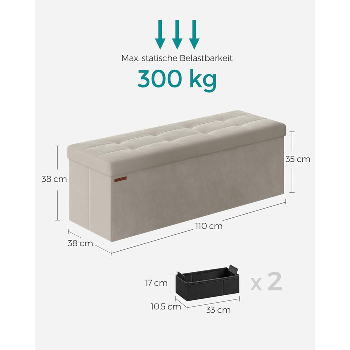 Пуф для зберігання SONGMICS, Складана лавка, 38 x 110 x 38 см Пуф для ніг, Коробка для зберігання, Вантажопідйомність до 300 кг, для вітальні, спальні, коридору, кремово-білий LSF277W01 Кремово-білий 110B см