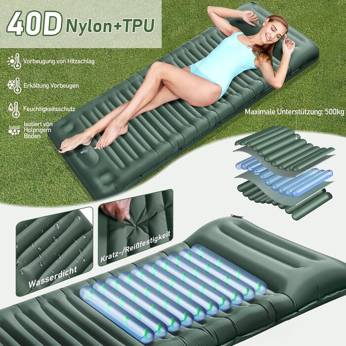 Килимок для сну в кемпінгу, надувний матрац товщиною 12 см, невеликий розмір упаковки з ножним насосом, надлегкий водонепроникний надувний матрац для використання на свіжому повітрі, килимок для сну з антиріпстопом для походів та пляжу, армійський зелений