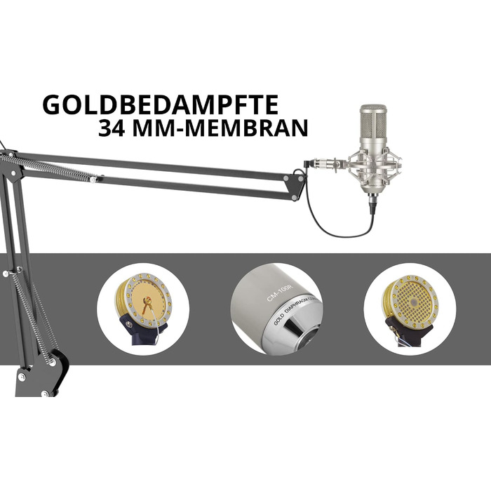 Студійний конденсаторний мікрофон Pronomic CM-100S з великою діафрагмою, XLR (з павуком, чохлом, вітрозахистом, перехідником), сріблястий