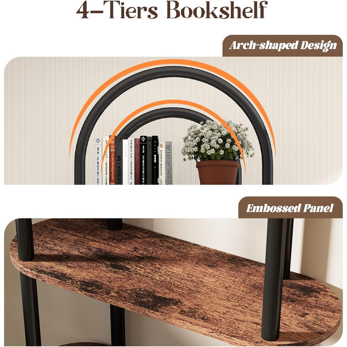 Рівнева вигнута книжкова шафа, книжкова полиця з металевим каркасом та дерев&39яними полицями, висота 165,5 см, полиці для зберігання для вітальні, кабінету, офісу, 80 * 30 * 165,5 см (сільський коричневий) 80*30*165,5 см, 4-