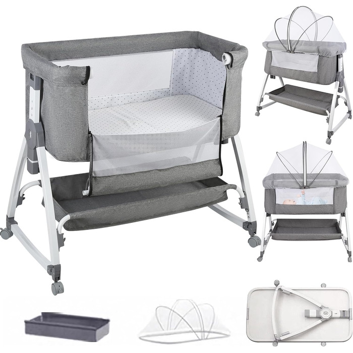 Дитяче ліжечко Side-by-Side, дитяче ліжечко 2-в-1 від народження до 25 кг, додаткове ліжко з 6 регулюваннями висоти, з матрацом/відкидною бічною панеллю/колесами, ліжечко з сітчастої тканини - 80 x 40 x 100-115 см - льон 80 x 40 x 100-115 см - льон