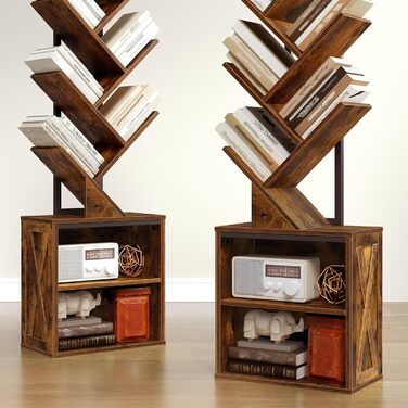 Книжкова полиця у формі дерева, 9-ярусна окремостояча полиця, стійка для CD/DVD, дерев&39яний каркас з металевим каркасом, кутова полиця, що економить місце, окремостояча книжкова вежа для вітальні, спальні, офісу, бібліотеки, вінтажний коричневий колір