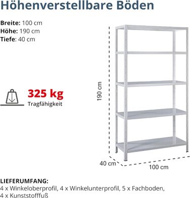 Система полиць SCHULTE з 5 полицями PowerMAX, вантажопідйомність 65 кг, 190x100x40 см (ВxШxГ), білий, полиця для зберігання, полиця для майстерні, полиця для підвалу, полиця для гаража, металева полиця