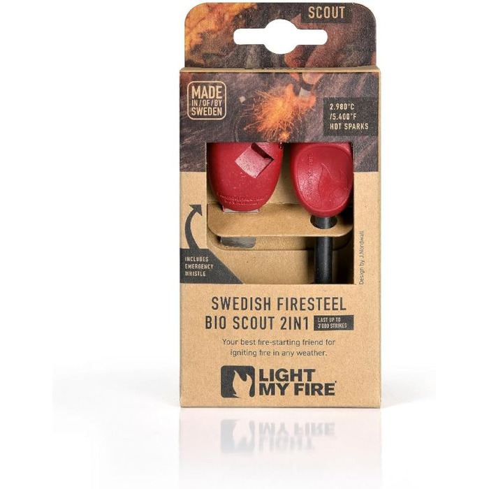 Кресало для виживання LIGHT MY FIRE Outdoor Scout 2-в-1 з аварійним свистком, кресало та кремінь для розпалювання вогню, вічне сірництво з ручкою з біопластику (3000 запалювань), колір іржаво-помаранчевий. Розмір без розміру.
