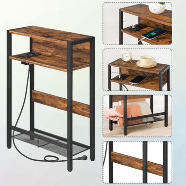 Вузький приставний столик, столик біля дивана із зарядною станцією, тумбочка з 2 дерев&39яними композитними панелями та 1 металевою полицею, для невеликих приміщень, вітальня, вінтажний коричневий та чорний DTBZ05CBF Вінтажний коричневий, чорний