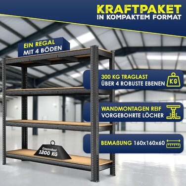 Міцний стелаж MASKO, стелаж для зберігання, підвальний стелаж, 160x160x60 см, вантажопідйомність 1200 кг, 4 регульовані полиці, панелі МДФ, металевий стелаж, стелаж без болтів, стелаж для майстерні, сталевий каркас, гаражний верстак, чорний, 4 полиці