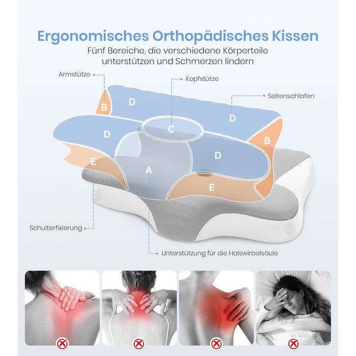 Подушка з піни з ефектом пам&39яті, ортопедична подушка для шиї 2 в 1, ергономічна подушка для підтримки шиї, регульована по висоті подушка для сну на боці, спині та животі, 60x41,5x10/12 см, білого та сірого кольорів