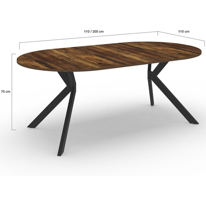 Розкладний круглий обідній стіл ALIX 4-10 персон на ніжках-павуках, темне дерево Hawkins та чорний 110-200 см