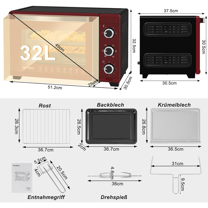 Міні Піч, Піч для піци 32 л, 1600 Вт, 100-230 C, 0-60 хв. Таймер, 5 режимів нагрівання, подвійні скляні дверцята, з грилем Деко для випікання Решітка для гриля Лоток для крихт Решітка Варильна поверхня, чорнийчервоний