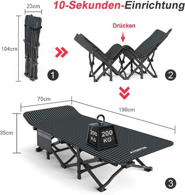 Розкладне кемпінгове ліжко, розкладне гостьове ліжко до 200 кг, міцне, портативне, шезлонг у формі сумки для подорожей, зручне