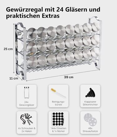 Квадратна підставка для спецій Deco haus з банками для спецій - Банки для спецій з полицею - Настінна підставка для спецій, підставка для спецій з набором з 24 банок для спецій - Металева підставка для спецій, не потребує свердління, хром - Набір з 24 пре