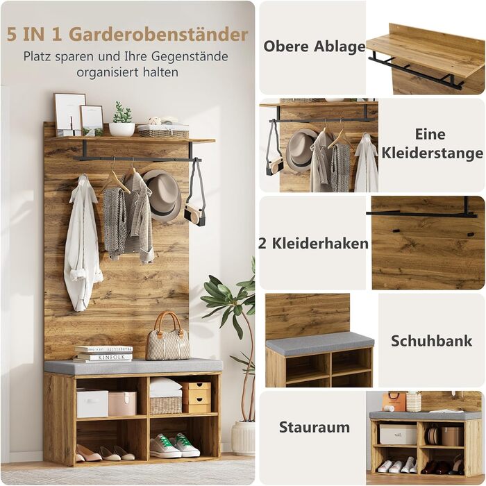 Шафа для одягу Ymkua настінна, шафа для передпокою з лавкою для взуття та подушками, шафа для одягу з вішалкою для одягу та регуль