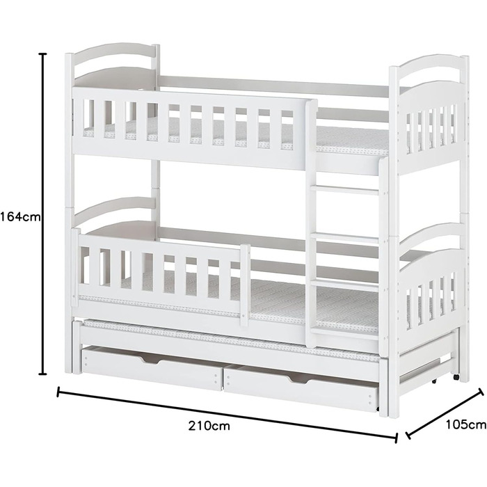 Двоярусне ліжко 90x200 см, дитяче ліжко, підліткове ліжко, двоярусне ліжко для 3 дітей, дві шухляди та поручні, що розкладається на 3 односпальні ліжка від 4 до 16 років вкл. рейкові основи білий 90x200 см, білий - Стиль 1