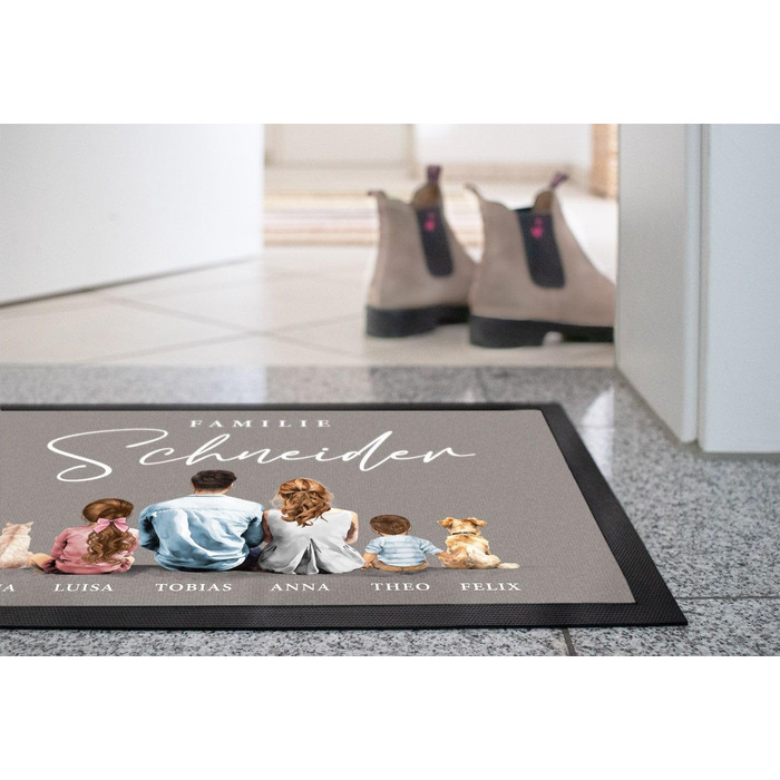 Сімейний килимок для дверей з іменами та фігурками, можна налаштувати для 1, 2, 3, 4 дітей, кіт, собака, акварельний малюнок, нековзний та миється, чорний, 60x40 см.