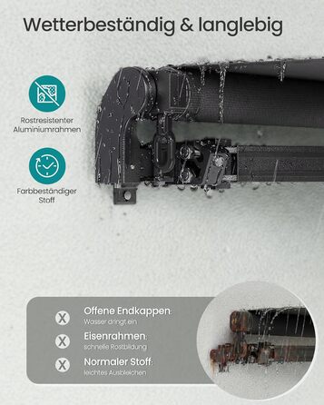 Складаний тент SONGMICS, тент з ручним приводом, сонцезахисний козирок для балкону, UPF 50, алюмінієвий сплав, регульований, 300 x 250 см, сірий GSA306GZ01 300 x 250 см сірий