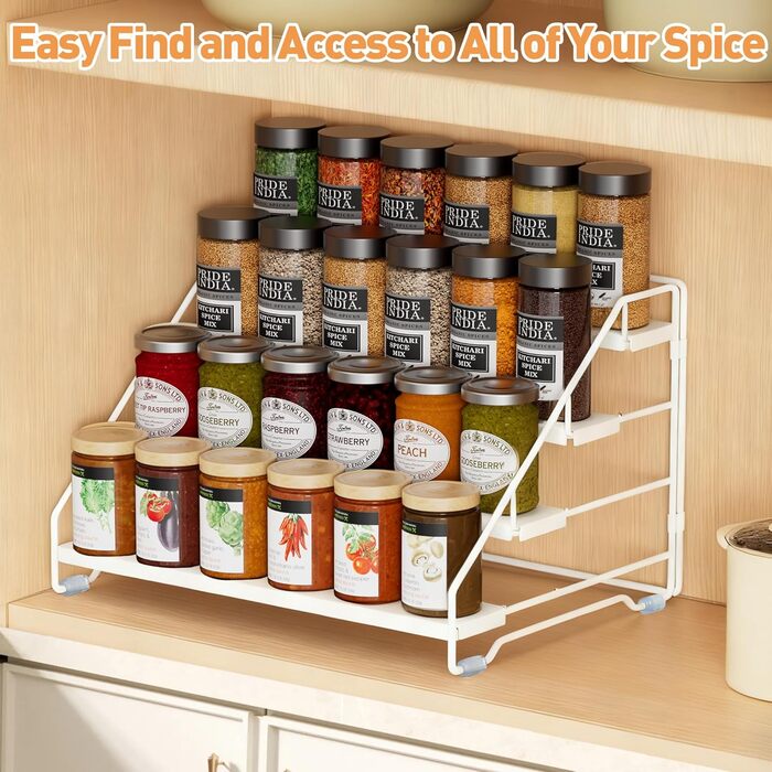 Рівнева підставка для спецій, металева підставка для спецій, регульована без свердління, тримач для спецій, органайзер для підставок для спецій для кухні, шафи та стільниці, компактна кухонна полиця (біла), 4-