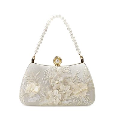 Жіноча сумочка з перлами та квітковою мереживною вишивкою, сатин, елегантна ручна сумочка з верхньою ручкою, зі знімним ланцюжком, для весілля, дівич-вечора, випускного, білого кольору